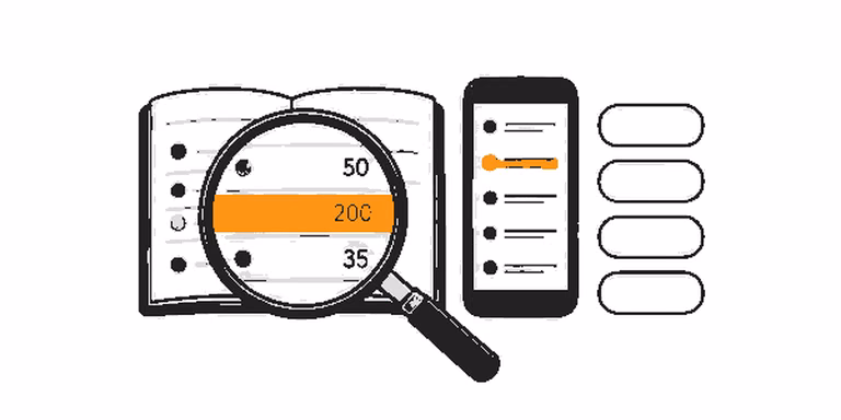Eine Lupe über einer hervorgehobenen Zeile im Kassenbuch, daneben ein Smartphone mit einer Liste und vier Antwortknöpfen.