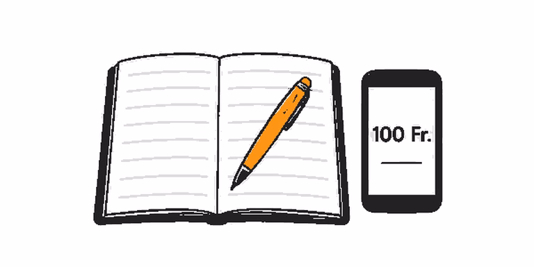 Ein Kassenbuch mit einem einzigen Stift darauf, daneben ein Smartphone, das nur eine Kontostand-Zahl zeigt.