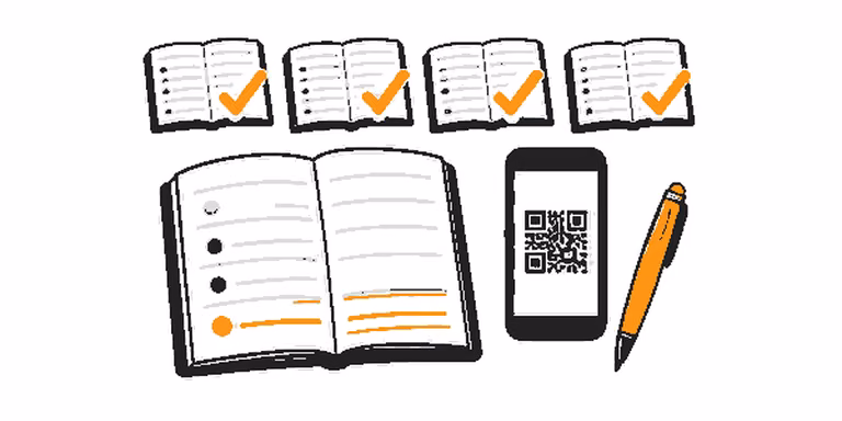 Ein Stift und ein Handy mit QR-Code führen zu einer neuen orangen Zeile im Kassenbuch, dahinter viele kleine Kopien mit Haken.